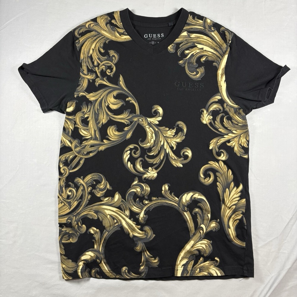 Guess Los Angeles Baroque Print V Neck T Shirt Mens M Black Gold Scroll Graphic - Picture 2 of 9